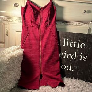burgundy/red spaghetti strap party dress gold zip in front slit @ bottom